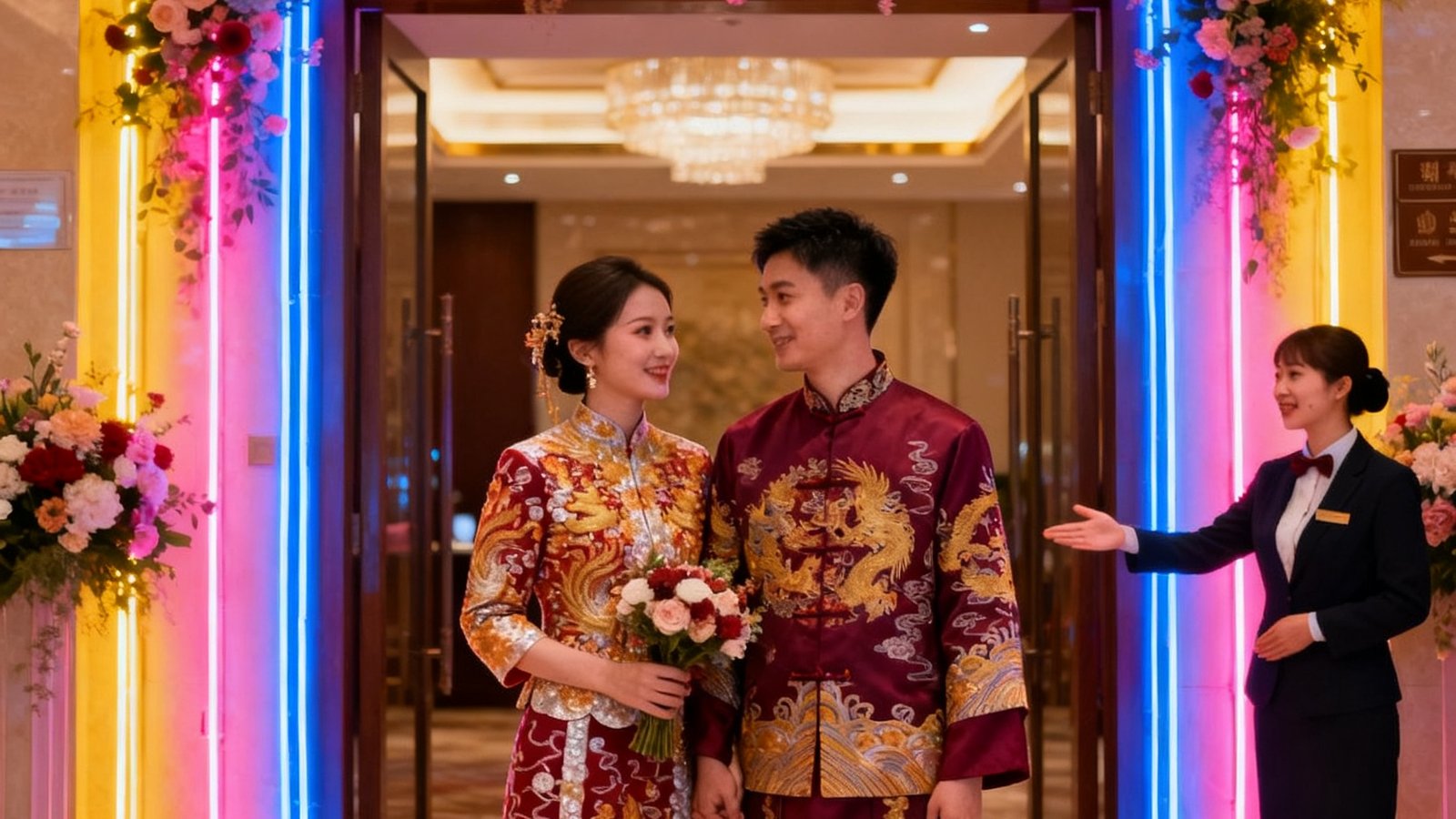 一对新人站在装饰着霓虹灯带与花艺的婚礼贵宾厅入口，身穿改良龙凤褂，背景可见专属礼宾引导员微笑指引